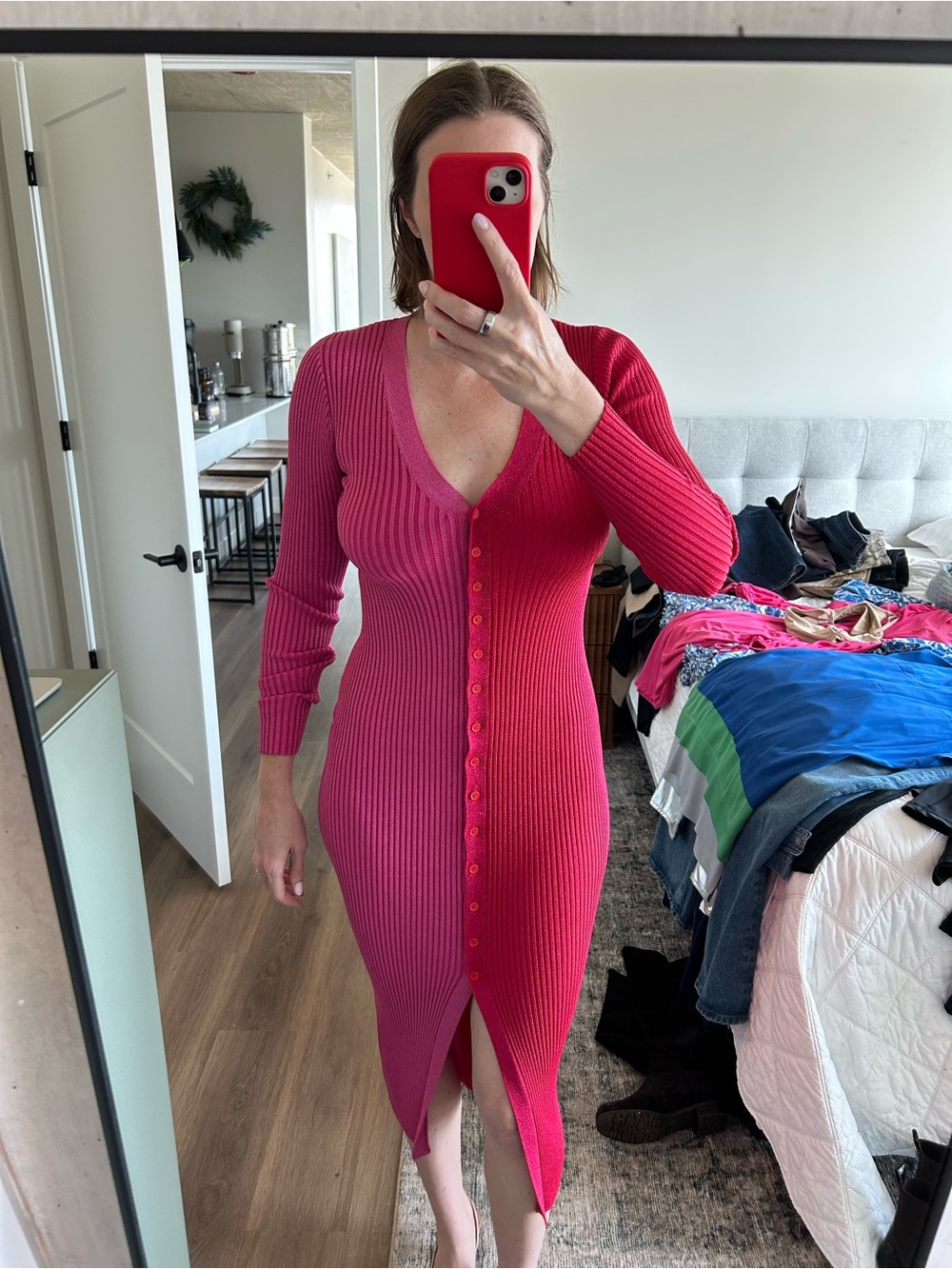 STAUD Shoko Pink & Red Metallic Sweater Midi Dress